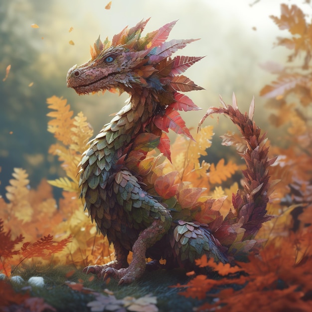 A dragon with a green leaf on its head sits in the woods.