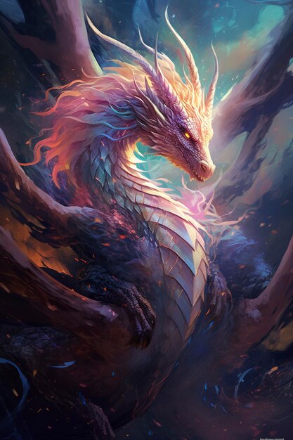 Dragon with iridiscent wings perfect proportions centered image light particles whimsical