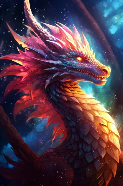 Dragon with iridiscent wings perfect proportions centered image light particles whimsical