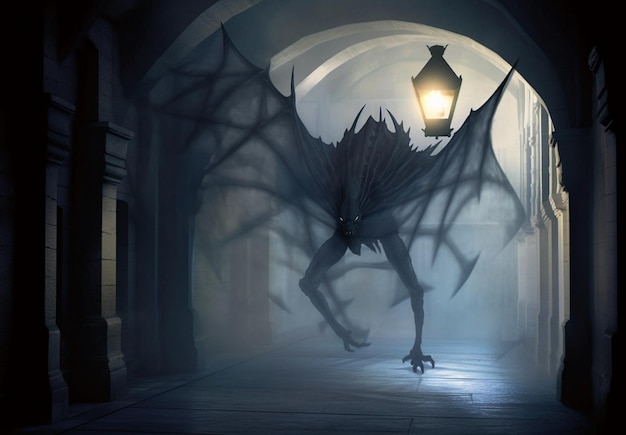 a dragon with a lantern in the dark