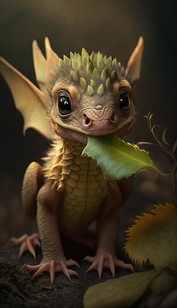 A dragon with a leaf in its mouth