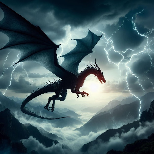 a dragon with a lightning storm in the background