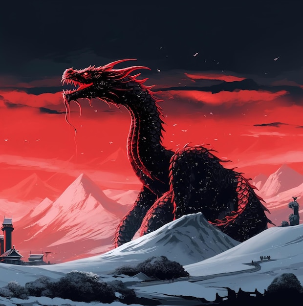 A dragon with a mountain in the background