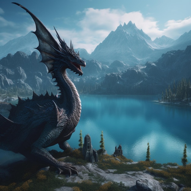 A dragon with a mountain in the background