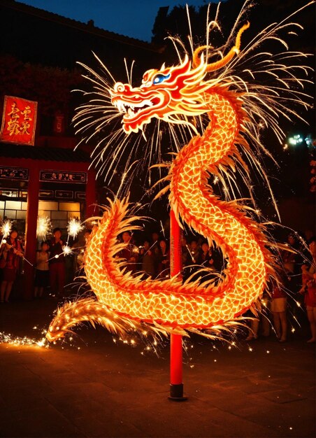 Photo a dragon with the number 1 on it is lit up in the night