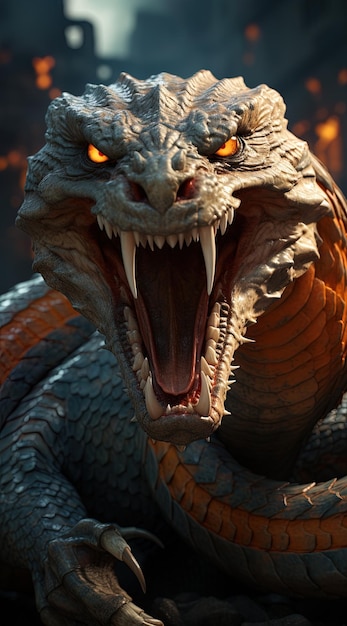 Photo a dragon with an open mouth and the word evil on the front