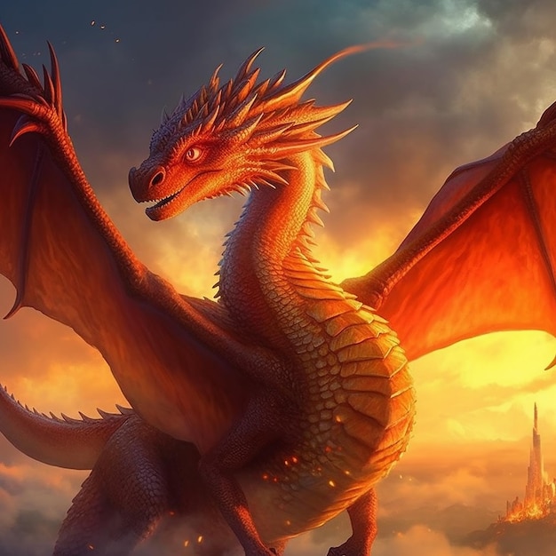 A dragon with orange eyes and a red head is in the sky.