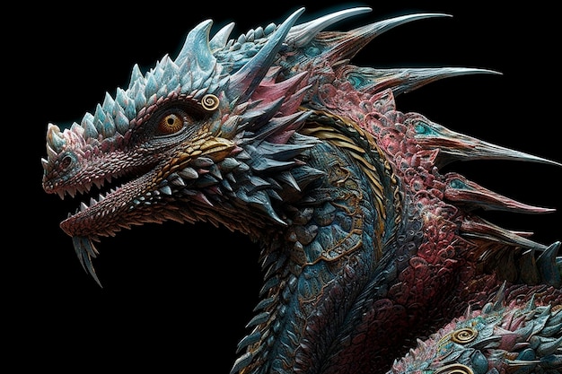 A dragon with a pink and blue paint.