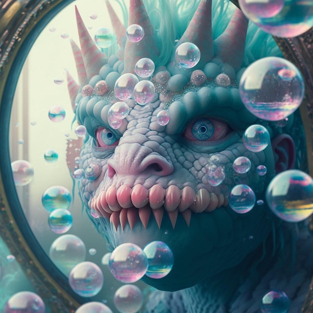 A dragon with pink lips and pink lips is surrounded by bubbles.