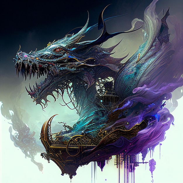 A dragon with a purple and blue face is on a blue background.