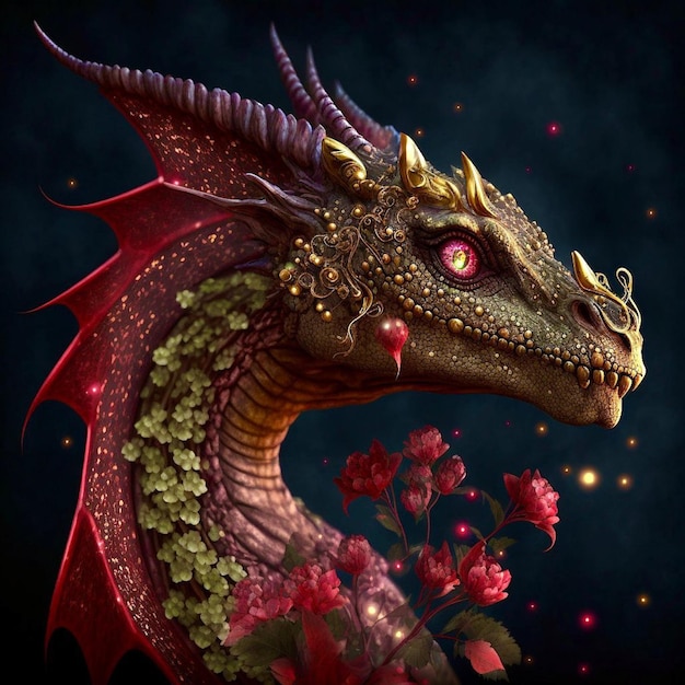A dragon with a purple crown and gold wings is on a dark background.
