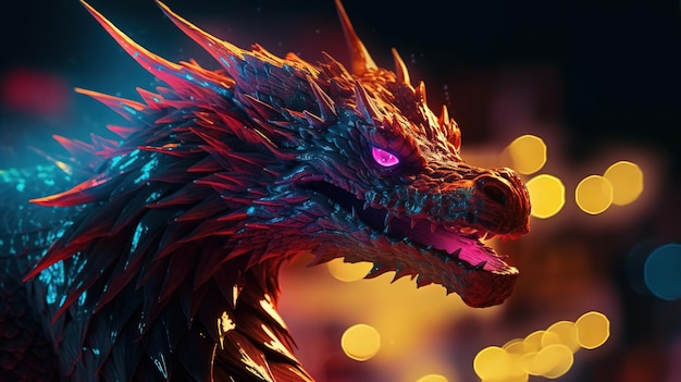 A dragon with purple eyes and pink eyes is in a dark room.