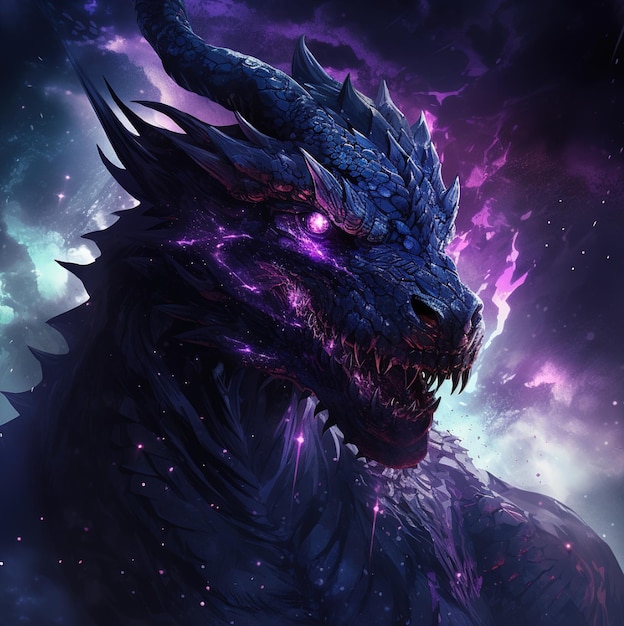 Photo a dragon with purple eyes and a purple background