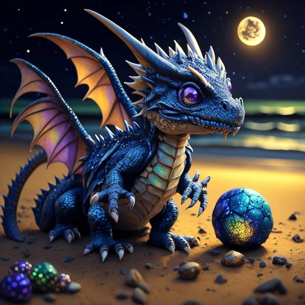 A dragon with purple eyes and purple wings sits on a beach with a blue ball in front of it.