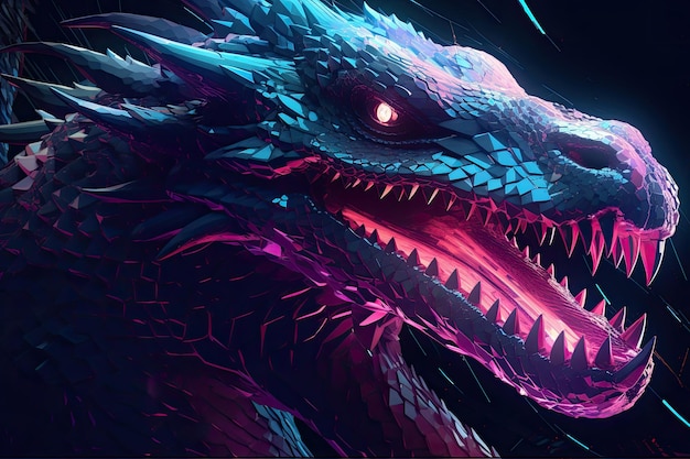A dragon with a purple face and a blue eye
