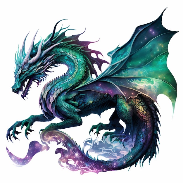 A dragon with a purple and green body and the word dragon on it.