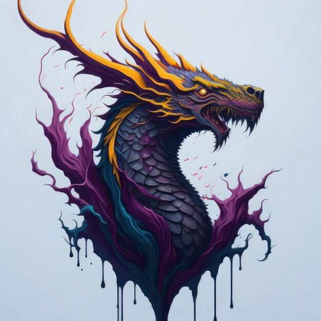 A dragon with purple and yellow colors is in the center of the image