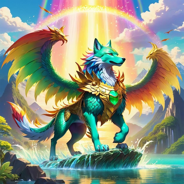 A dragon with a rainbow in the background