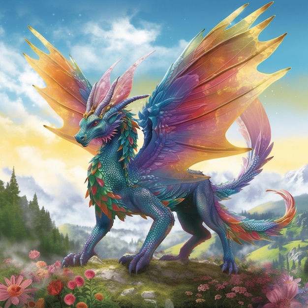 A dragon with a rainbow and yellow wings stands on a rock in front of mountains.