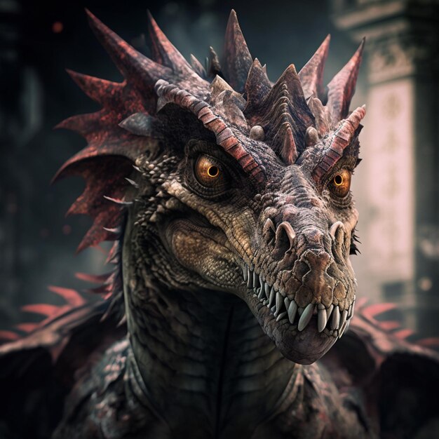 A dragon with a red crown and a black shirt.