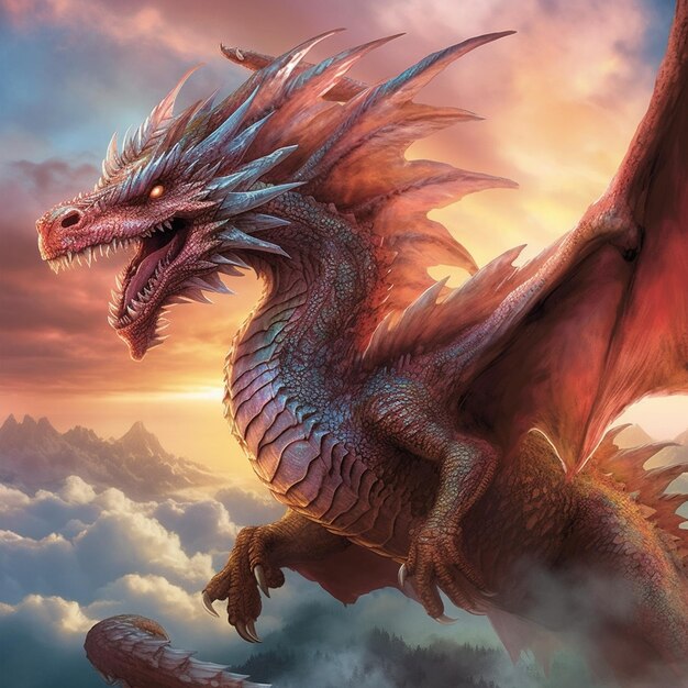 A dragon with a red dragon on its head is in the clouds.