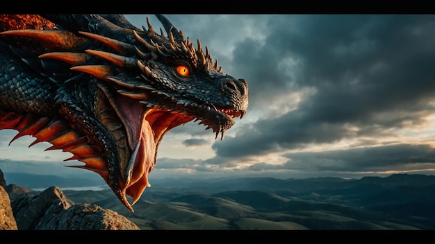 Photo a dragon with a red eyes and a dark sky in the background