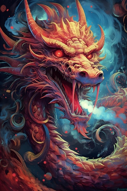 A dragon with red eyes and a red head is surrounded by smoke.