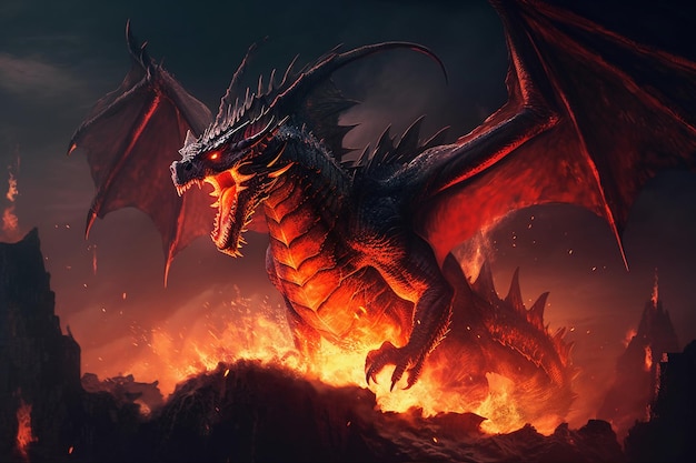 赤い顔と黒い翼を持つドラゴン