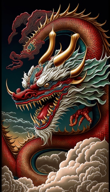 A dragon with a red face and a blue background.