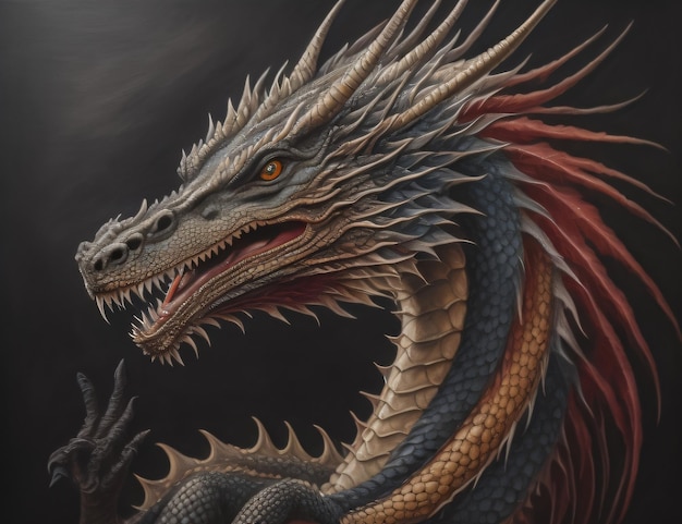 A dragon with a red face and a silver face.