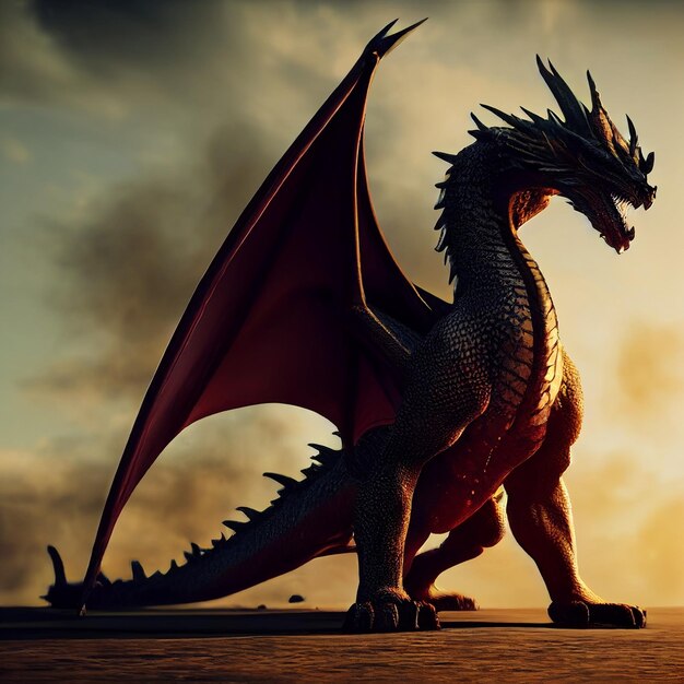 A dragon with a red head and a black tail is standing on a beach.