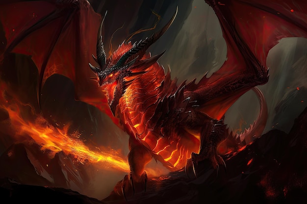 A dragon with a red head and a black tail is surrounded by flames.