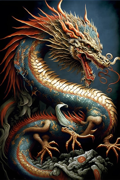 A dragon with a red head and gold trim.