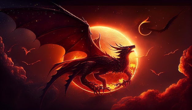 A dragon with a red moon in the background