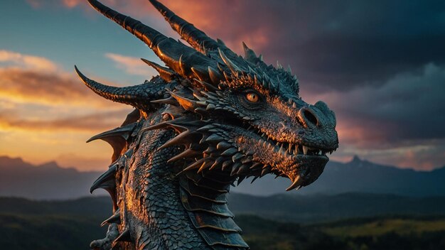 Photo a dragon with a red sky in the background