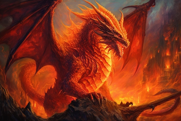 A dragon with a red tail and wings is on a fire.