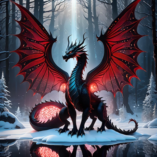 a dragon with red wings is standing in the snow with a reflection of trees in the background