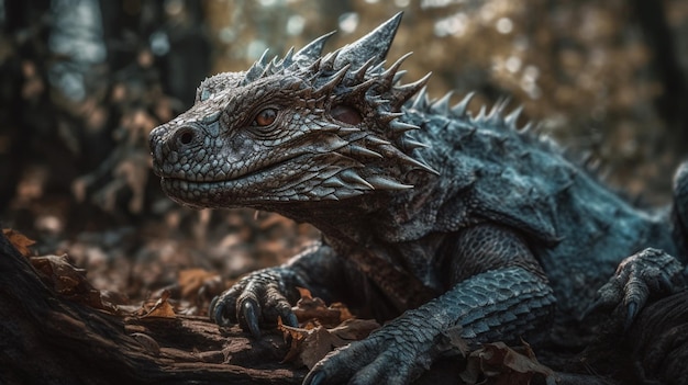 Photo a dragon with a sharp beak sits in the woods.