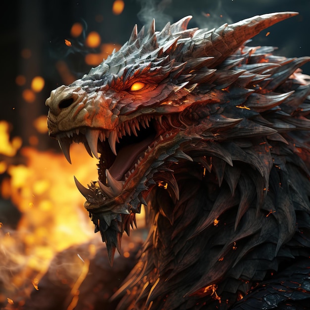 A dragon with sharp teeth and sharp teeth with flames