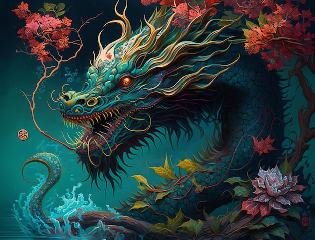 A dragon with a snake in the background