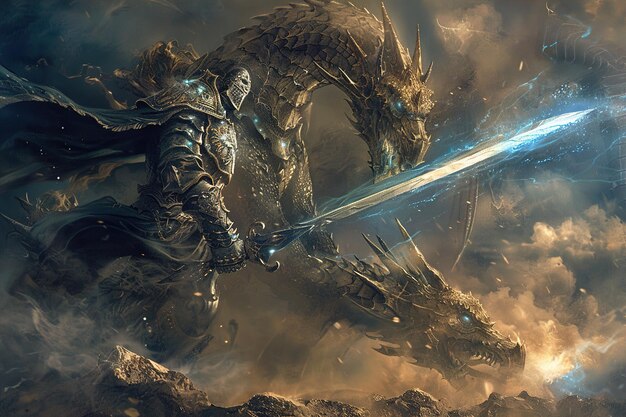Photo a dragon with a sword and dragon