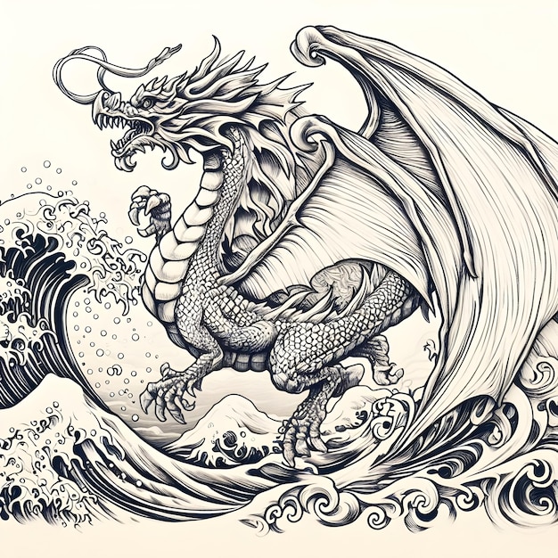 Photo dragon with a wave in the background kids drawing