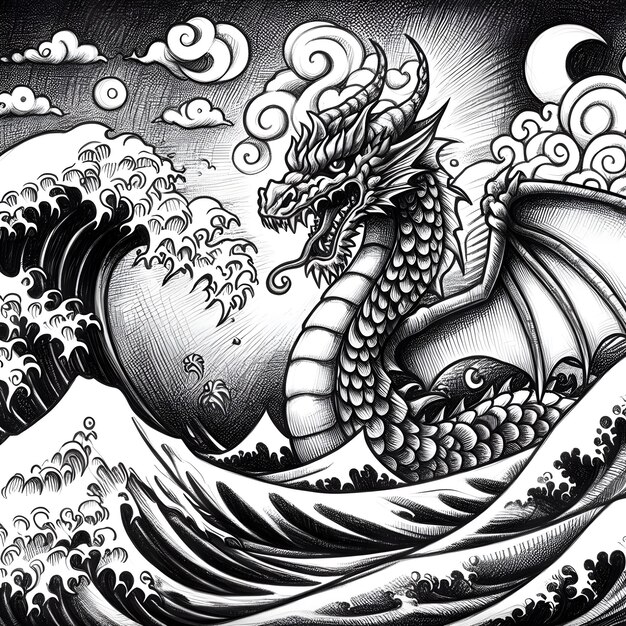 Dragon with a wave in the background kids drawing