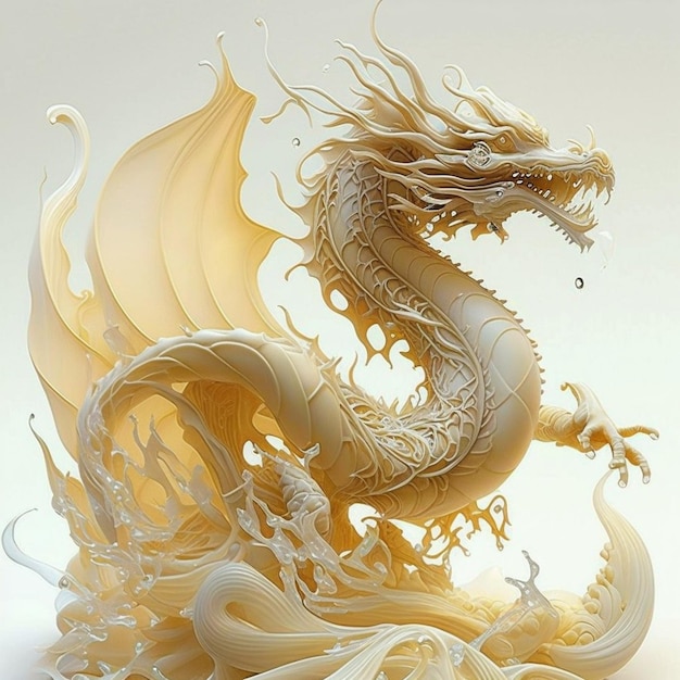 A dragon with a white body is surrounded by water.