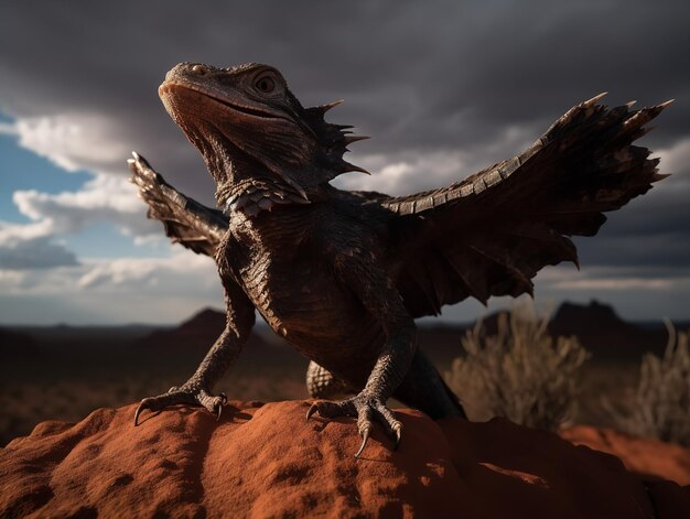 A dragon with wings on its head stands on a rock in the desert.