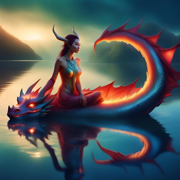 Photo dragon with woman in a lake