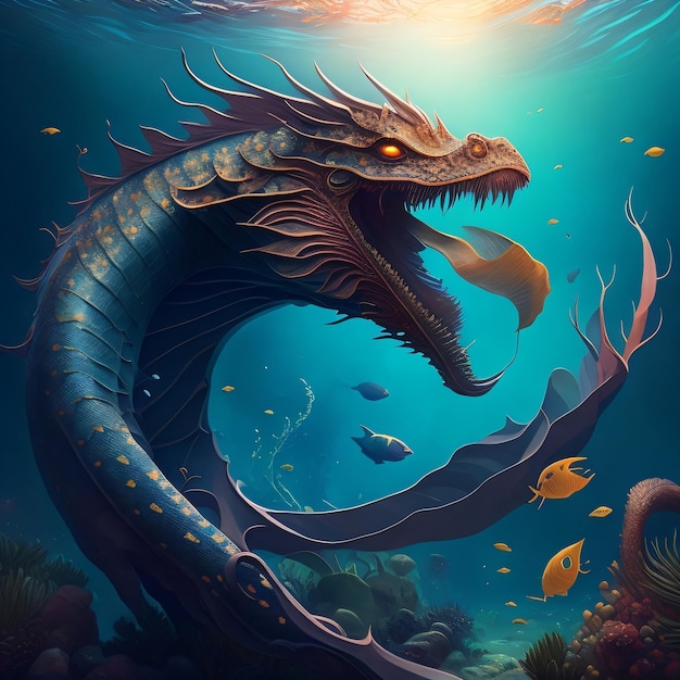 A dragon with a yellow face is swimming in the ocean.