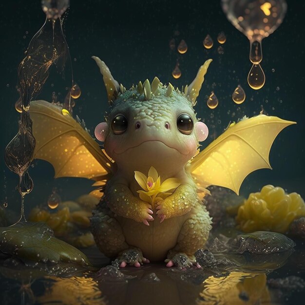 A dragon with a yellow flower in his hand sits in the rain.