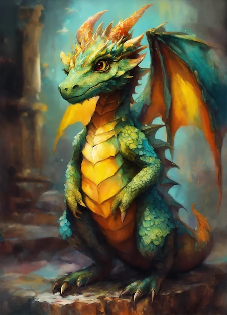 a dragon with yellow wings sits in front of a building