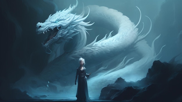 A dragon and a woman standing in front of a rock